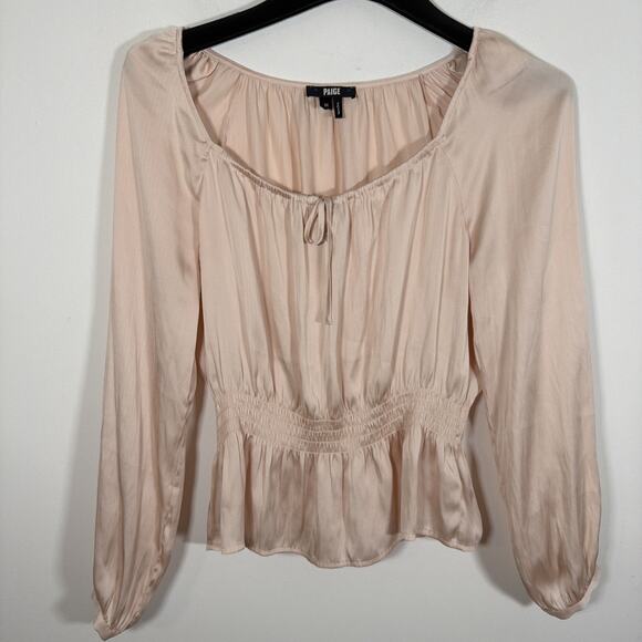 Paige Odalynn Satin Smocked Long Sleeve Blouse Medium Cream Tan Silky Revolve - Picture 2 of 8